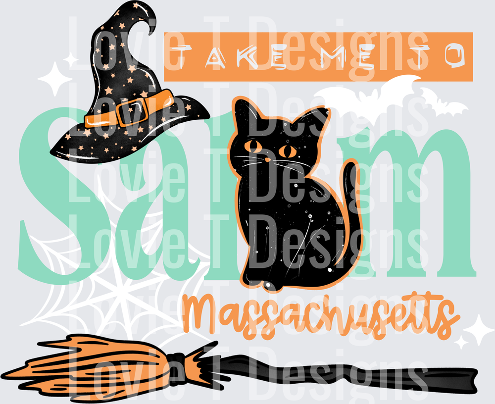 Take Me To Salem White Halloween DTF transfer design