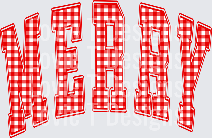 Merry Red Gingham Varsity DTF transfer design