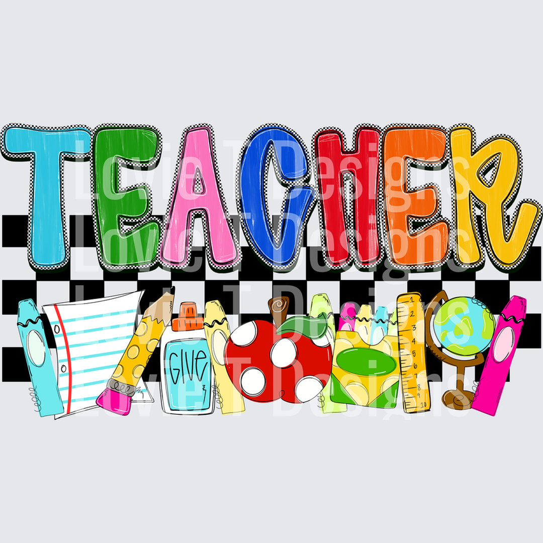 Colorful Teacher Text with School Supplies Checkered Background – DTF Transfer – product image
