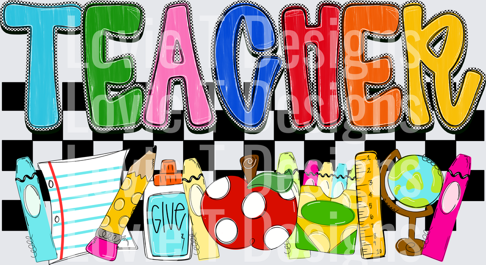 Colorful Teacher Text with School Supplies Checkered Background