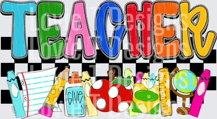 COLORFUL TEACHER TEXT WITH SCHOOL SUPPLIES CHECKERED BACKGROUND back-to-school DTF transfer design