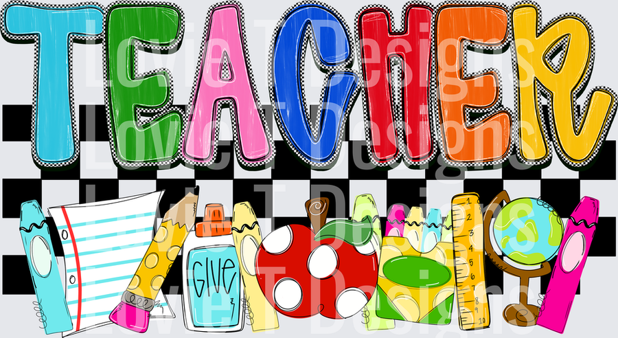 Colorful Teacher Text with School Supplies Checkered Background