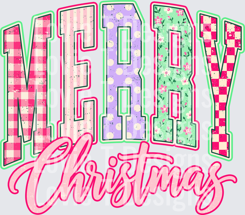 Varsity Merry Christmas pink patchwork DTF transfer design