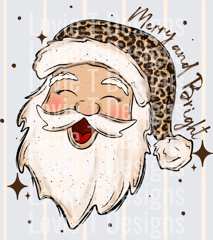 Merry and Bright Leopard Hat Santa (Light Skin Tone) DTF transfer design