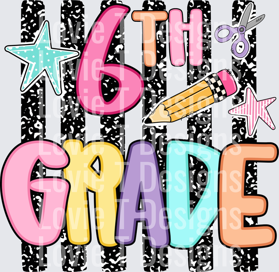 6th Grade Colorful Bold Letters School Supplies Stars