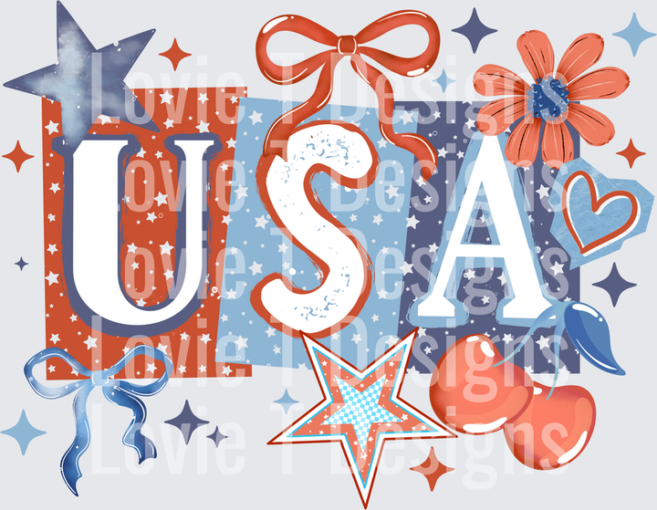USA Bow Cherry Stars Americana DTF transfer design