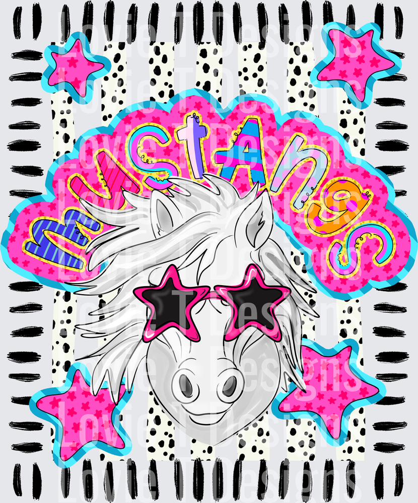 Doodle Star Sunglasses Mustang White mascot DTF transfer design