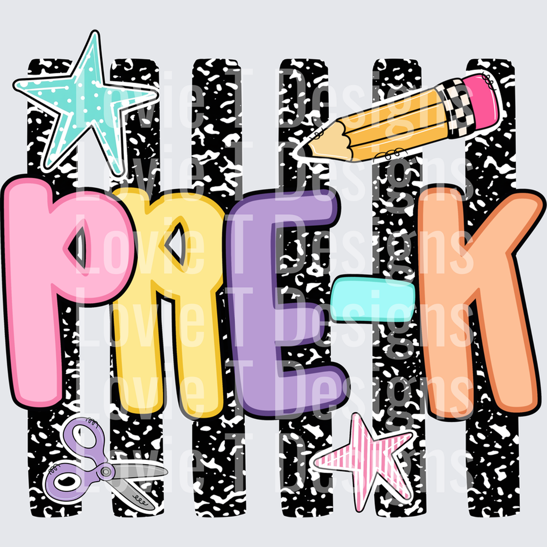 Pre-K Colorful Bold Letters with Pencil Scissors Stars – DTF Transfer