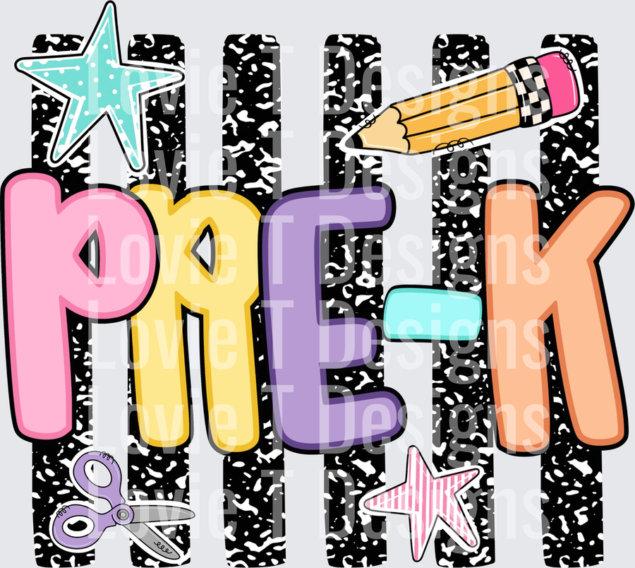 Pre-K Colorful Bold Letters with Pencil Scissors Stars