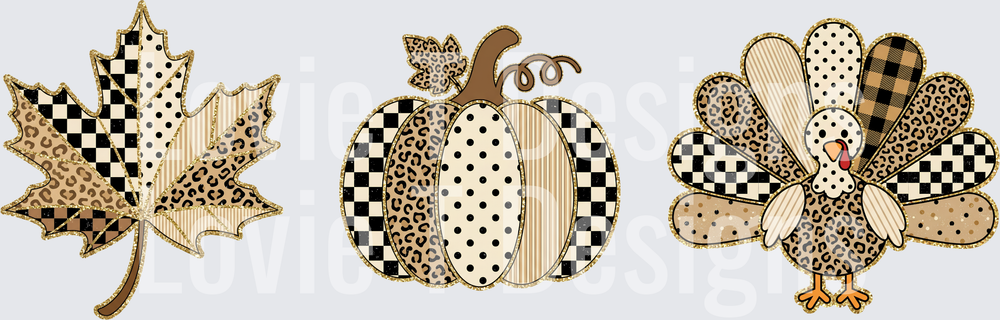 Patchwork Fall Leaf Pumpkin and Turkey Set DTF transfer design