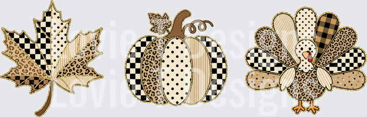 Patchwork Fall Leaf Pumpkin and Turkey Set DTF transfer design