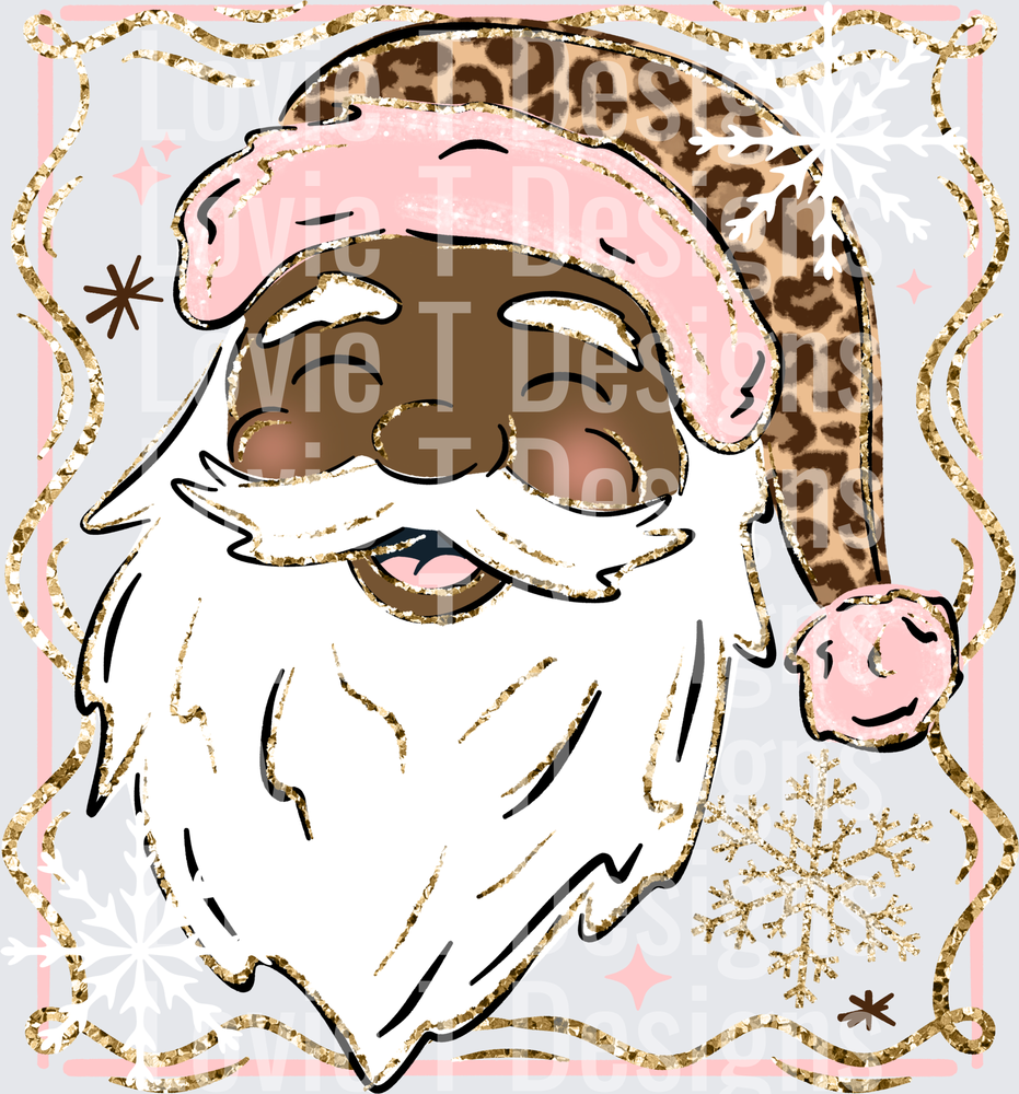 Pink & Leopard Santa (Dark Skin Tone) DTF transfer design