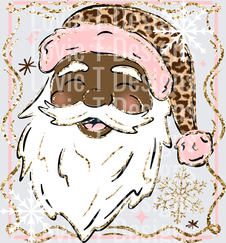 Pink & Leopard Santa (Dark Skin Tone) DTF transfer design