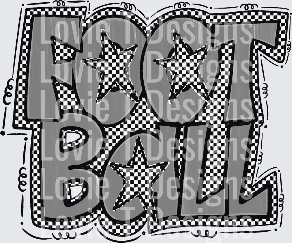 Preppy Star Football Bold Graffiti Checkered Block Letter Design with Stars Black and White