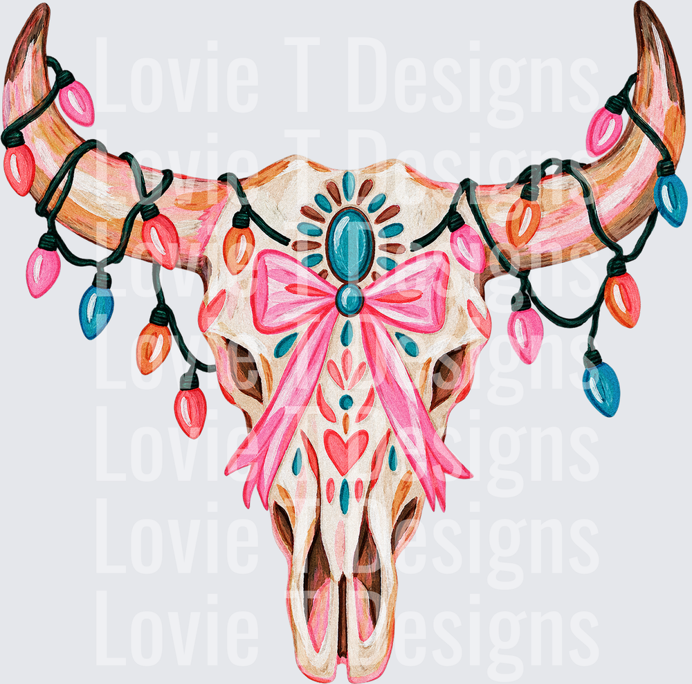 Steer Skull Christmas Lights DTF transfer design