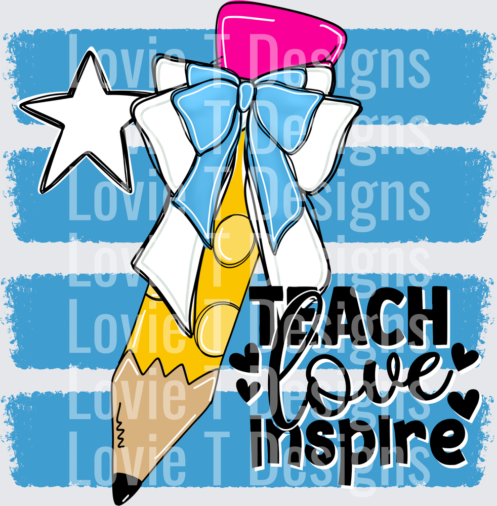 Teach Love Inspire Pencil Bow Blue Stripe Teacher