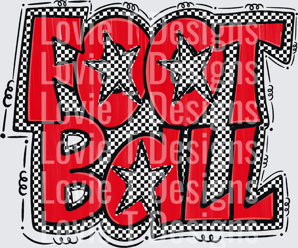 Preppy Star Football Bold Red Checkered Block Letter Football Word Art with Black and White Stars