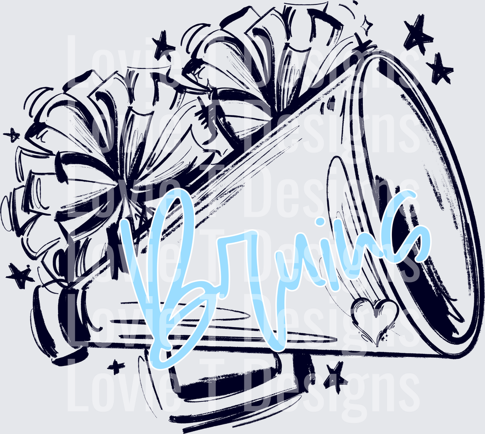 SKETCHY MEGAPHONE AND POMS NAVY AND COLUMBIA BLUE