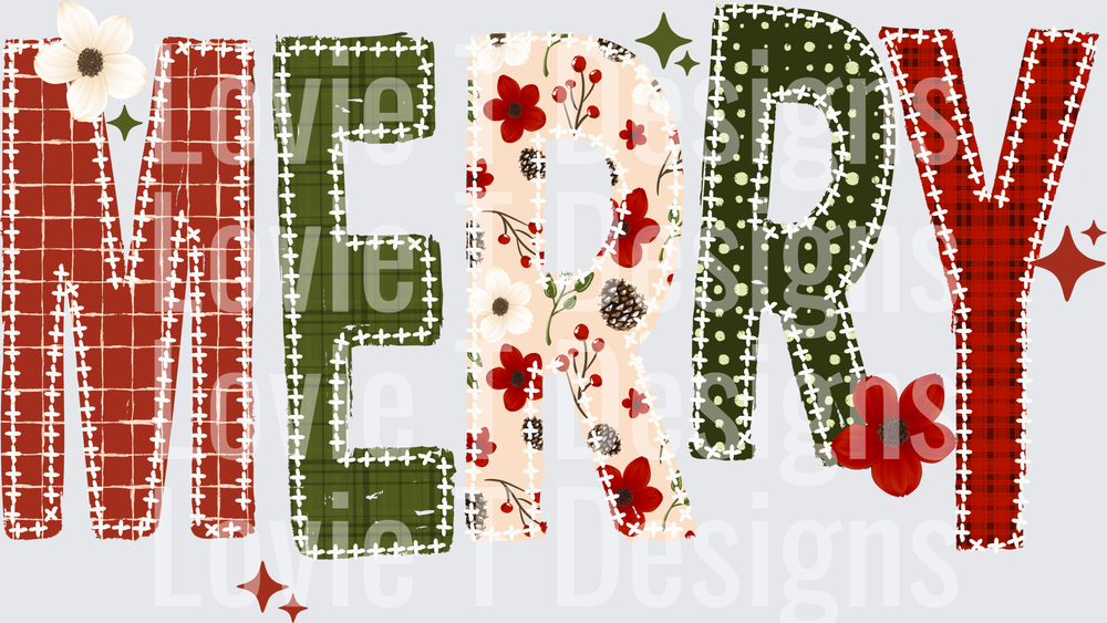 Merry Red & Green Patchwork Letters DTF transfer design