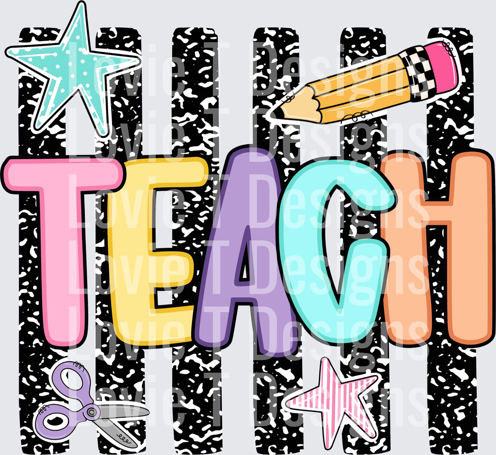 Colorful TEACH Lettering with Pencil Scissors Stars Stripes