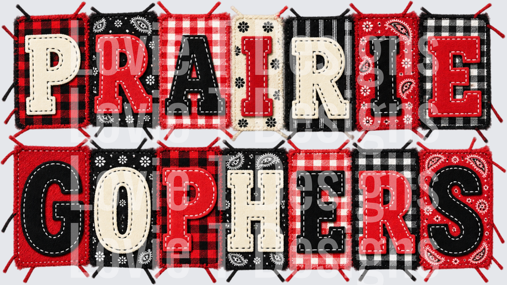 Prairie Gophers - Red Black and Cream Patchwork Varsity Lettering