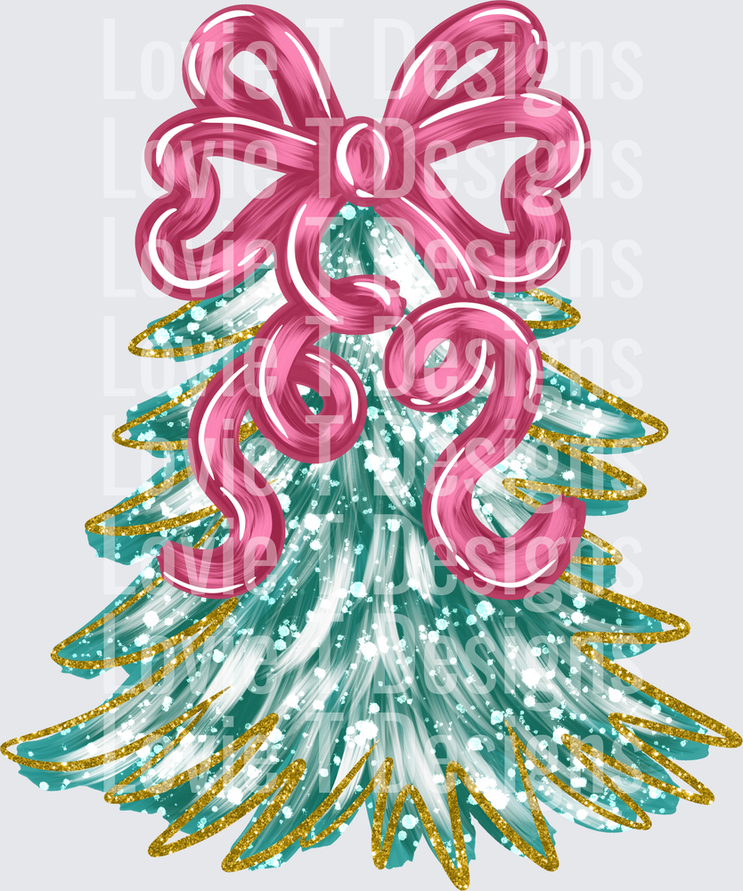Merry Pink Bow Christmas Tree DTF transfer design