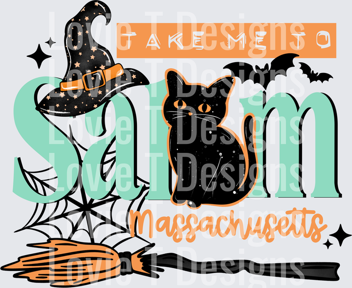 Take Me To Salem Black Halloween DTF transfer design