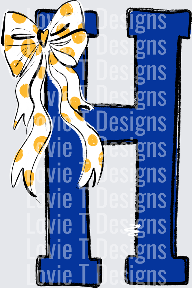 DOTTY CUSTOMS ROYAL H AND YELLOW DOT BOW