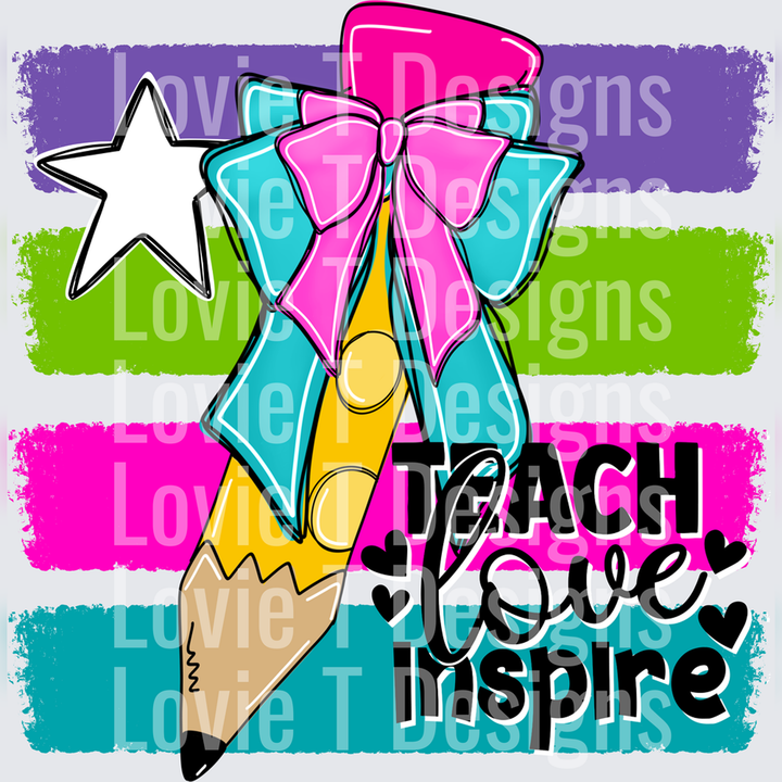 Teach Love Inspire Pencil Bow Multicolor – DTF Transfer