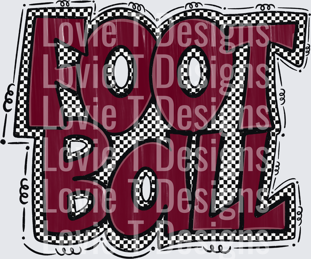 Preppy Football Bold Maroon Chunky Block Letter Typography with Black and White Checkered Border Doodle Frame
