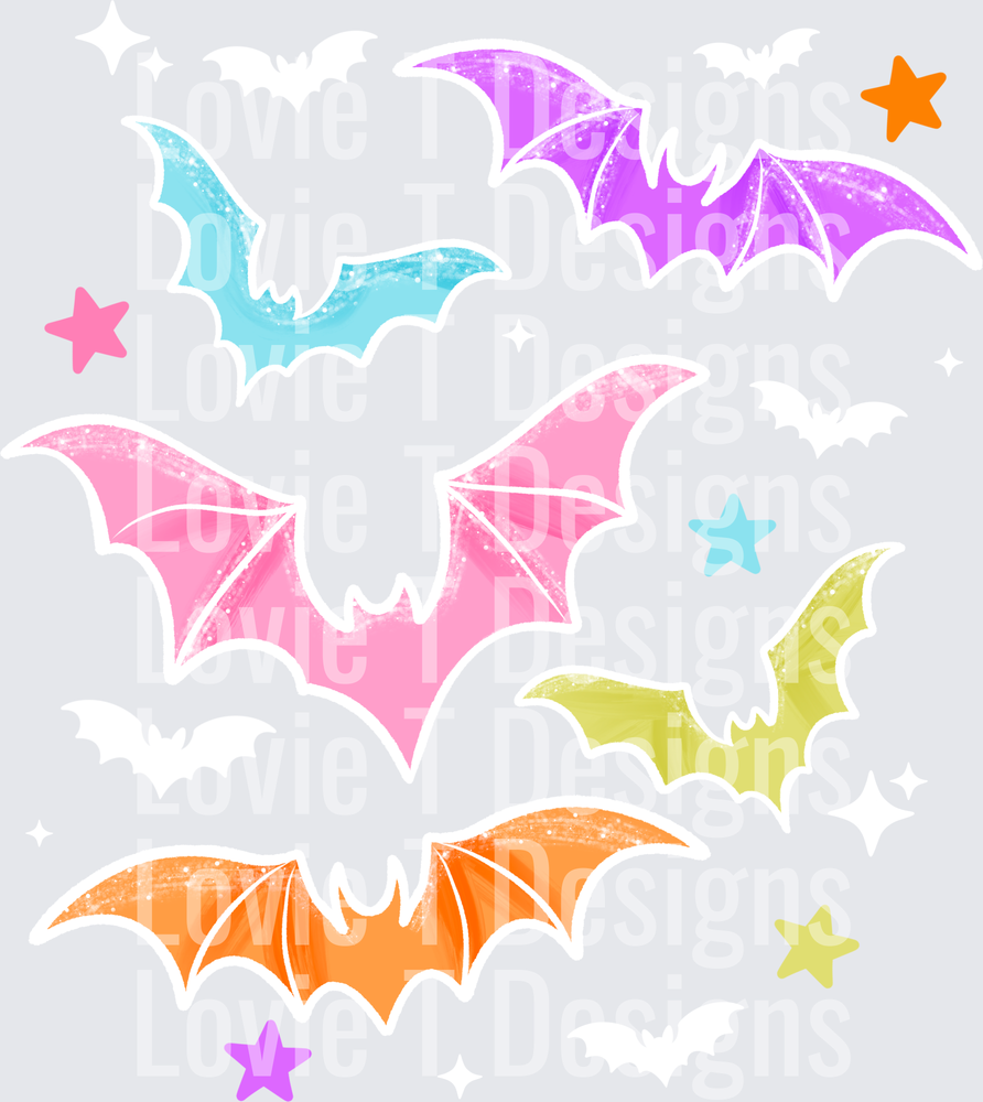 COLORFUL BATS (WHITE) Halloween DTF transfer design
