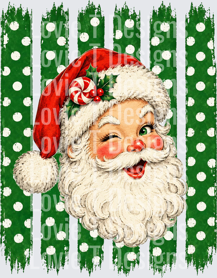 Vintage Santa Green Polka Dot Stripes DTF transfer design