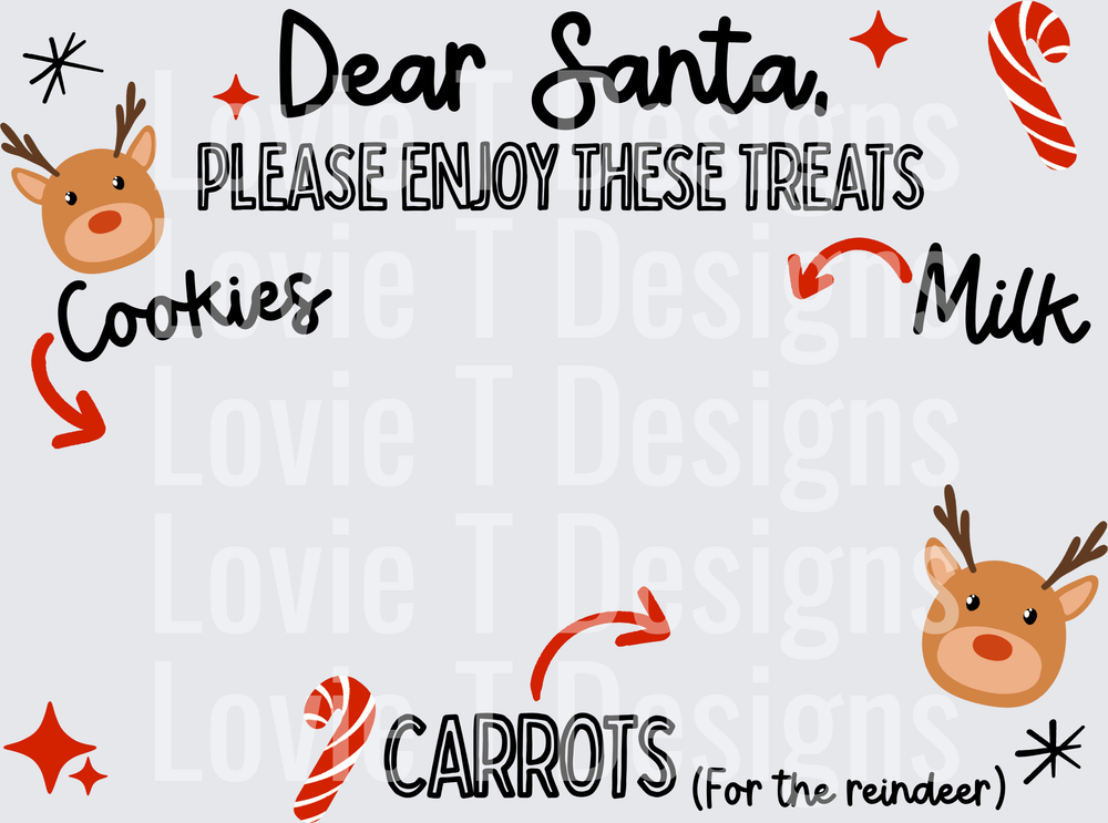 Dear Santa Please Enjoy These Treats placemat transfer design, black text, with cookies, milk and carrots for the reindeer