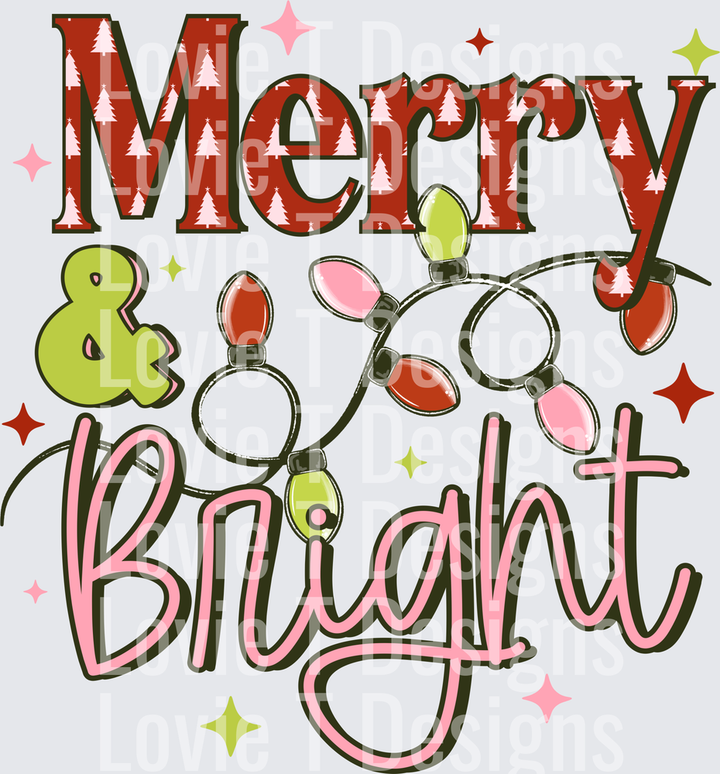 MERRY & BRIGHT LIGHTS Christmas DTF transfer design