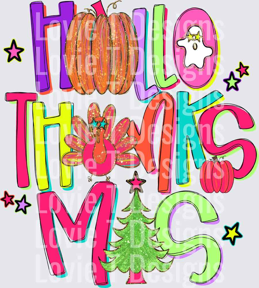 Hallo Thanksmas Neon Halloween-Thanksgiving-Christmas mashup DTF transfer design