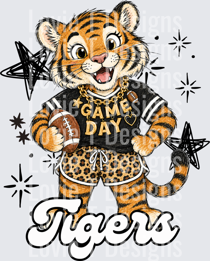 Tigers - Cute Football Mascot - Game Day Shirt and Leopard Shorts
