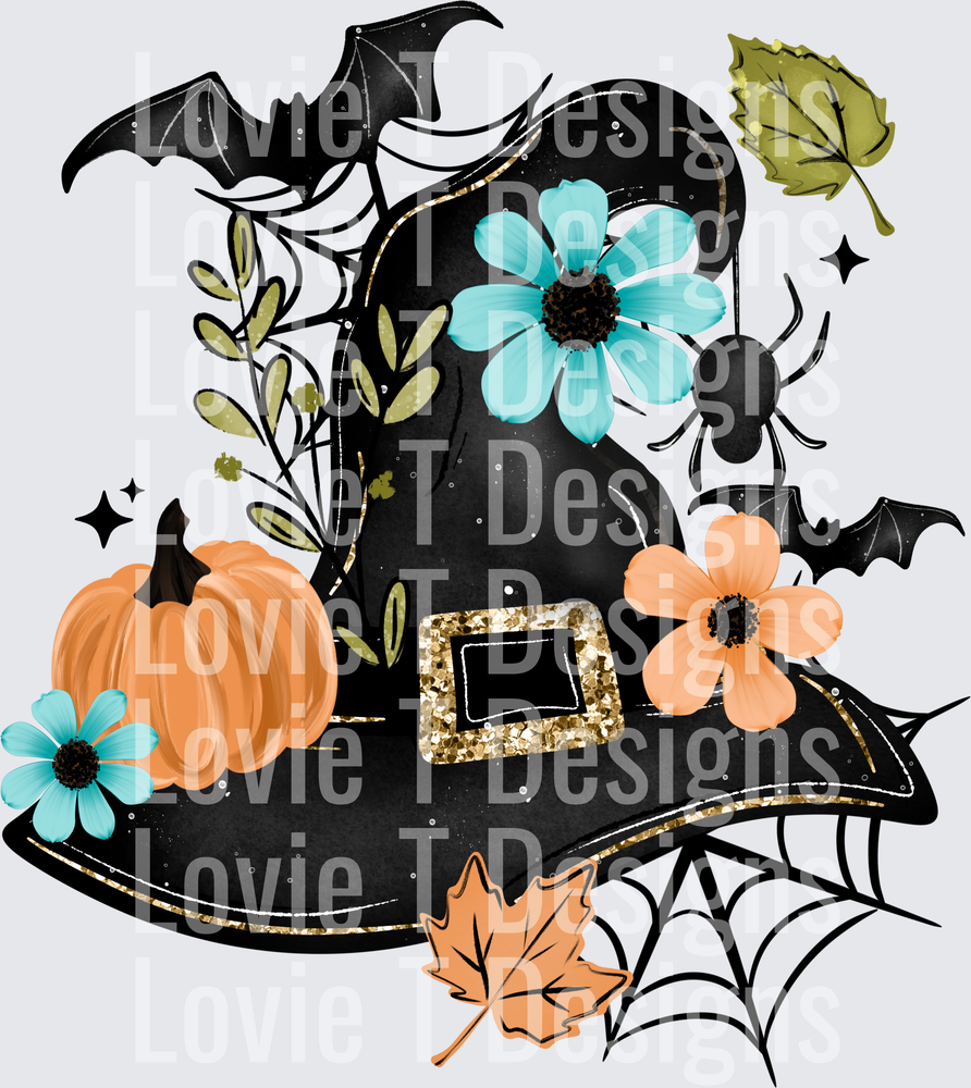 Floral Witch Hat Black Halloween DTF transfer design