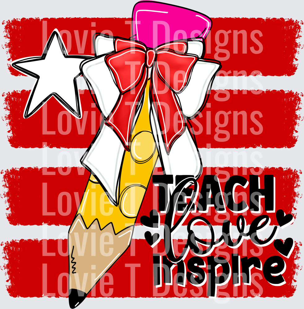 Teach Love Inspire Pencil Bow Star Red Stripe Teacher Design