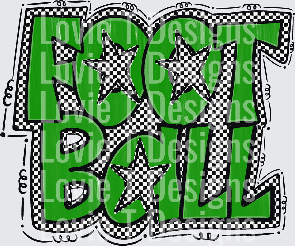 Preppy Star Football Green Graffiti Bold Lettering Checkered Stars Doodle Border