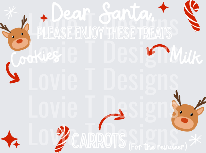 Dear Santa Please Enjoy These Treats placemat transfer design, white text, with cookies, milk and carrots for the reindeer