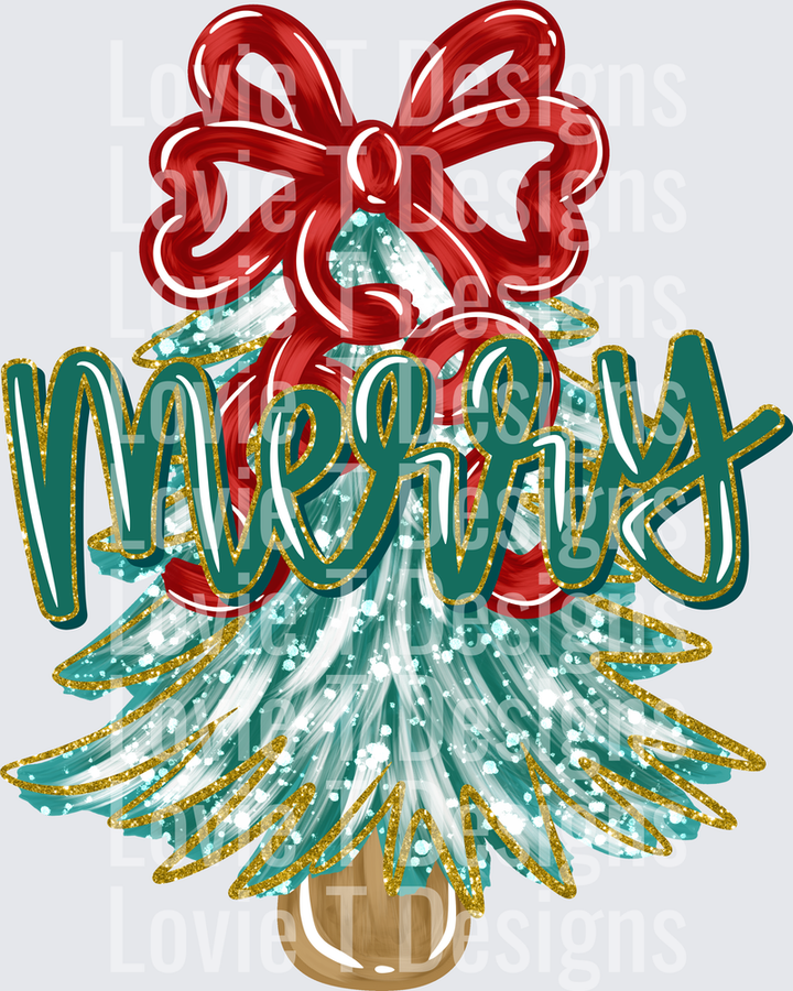 Merry Red Bow Christmas Tree DTF transfer design