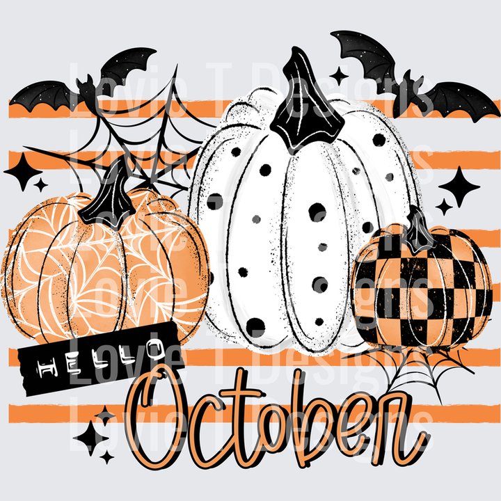 Hello October with Pumpkins and Bats – DTF Transfer – product image