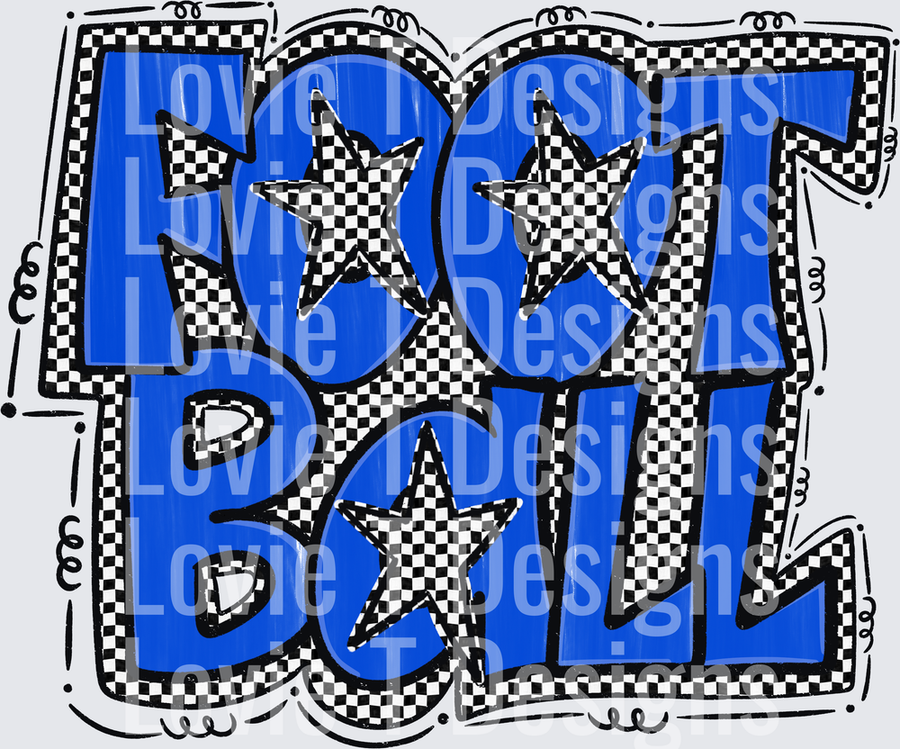 Preppy Star Football Blue Bold Graffiti Lettering with Checkered Stars and Border