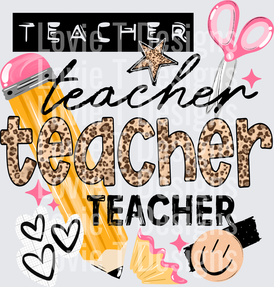 Teacher Pencil And Leopard back to school DTF transfer design
