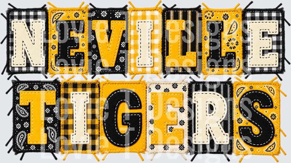 Neville Tigers - Gold Black and Cream Patchwork Varsity Lettering