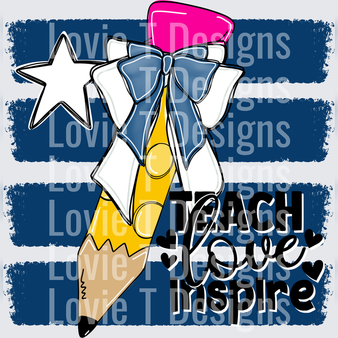 Teach Love Inspire Pencil Bow Navy Stripe Teacher Design – DTF Transfer
