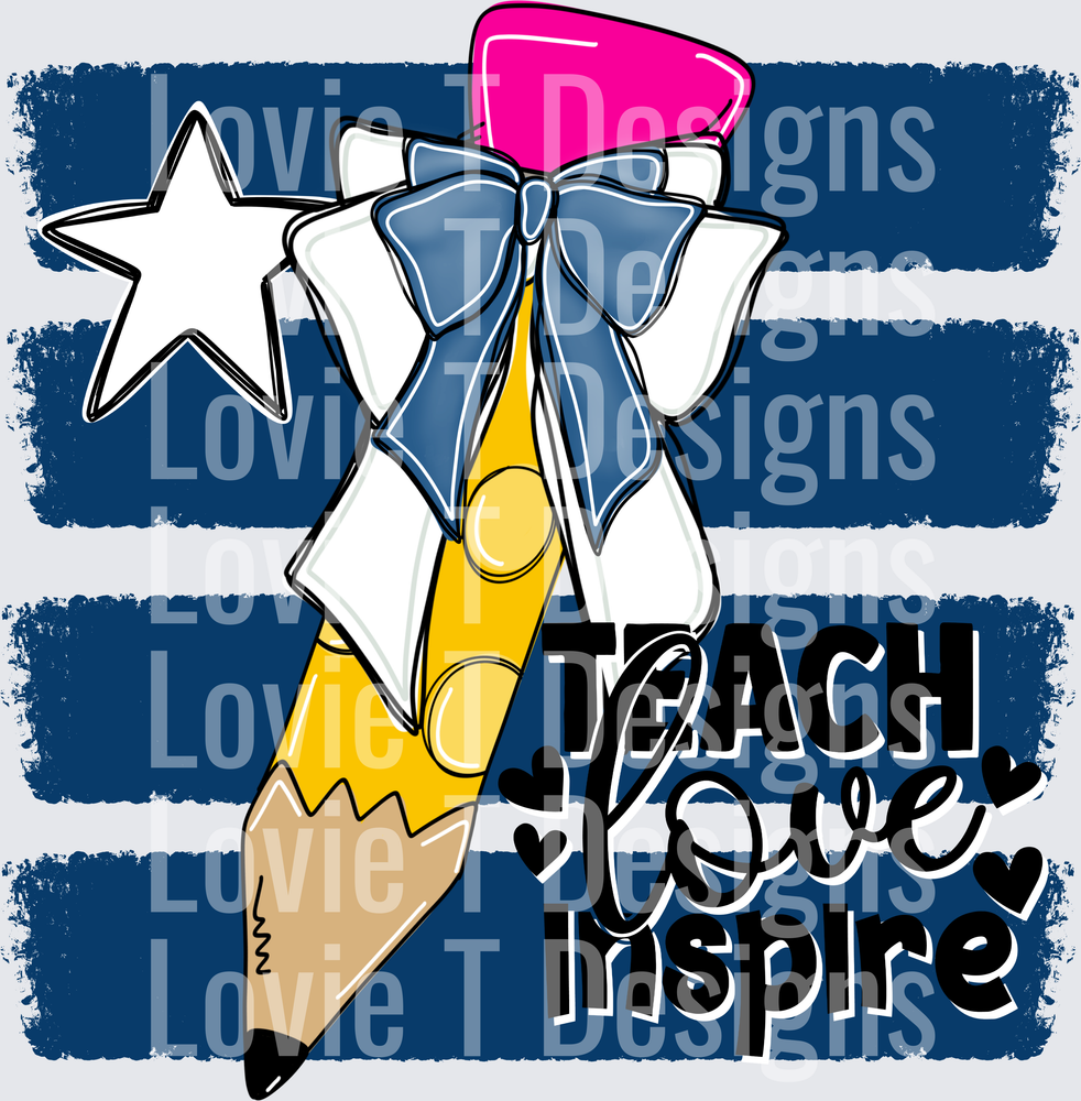 Teach Love Inspire Pencil Bow Navy Stripe Teacher Design