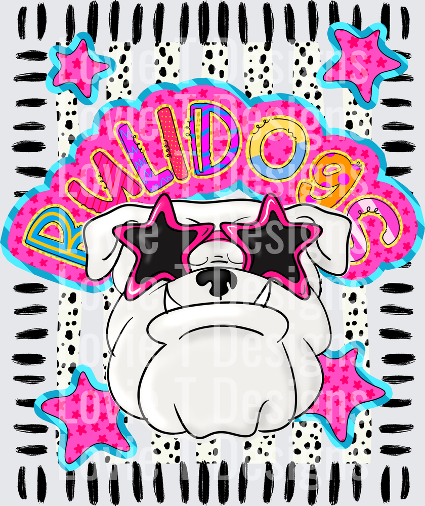 DOODLE STAR SUNGLASSES BULLDOG WHITE mascot DTF transfer design