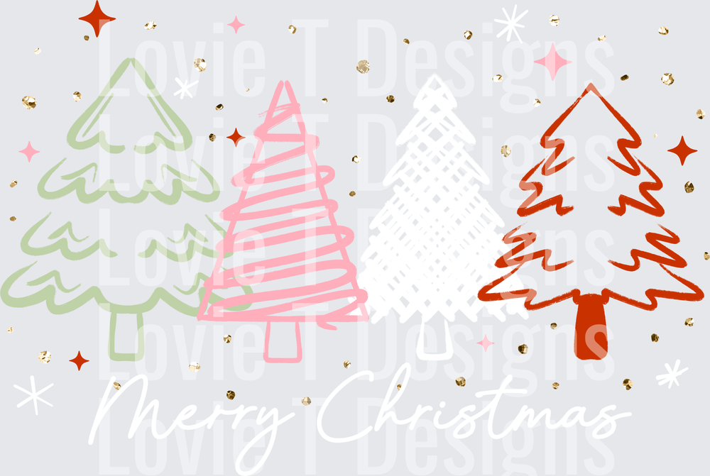 Merry Christmas Doodle Trees (White) DTF transfer design