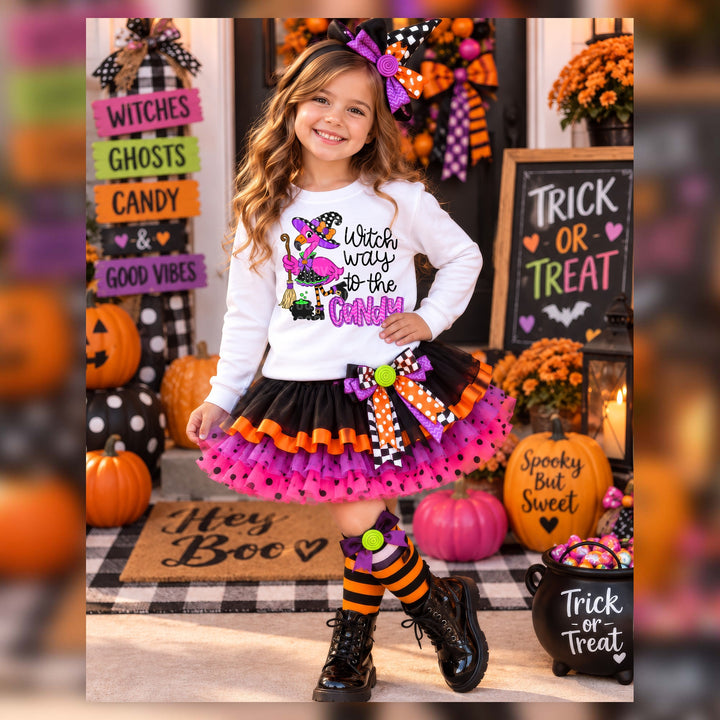 Witch Way To The Candy – DTF Transfer pressed on a tee